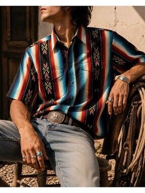 Vintage Wrangler Pearl Snap Western Serape Shirt Southwestern Cowboycore L